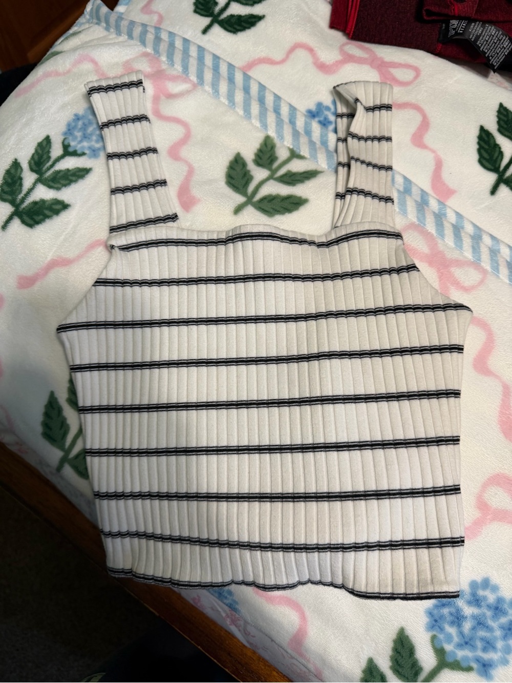 American Eagle Outfitters Ribbed Square-Neck Tank - Cream with Black Stripes